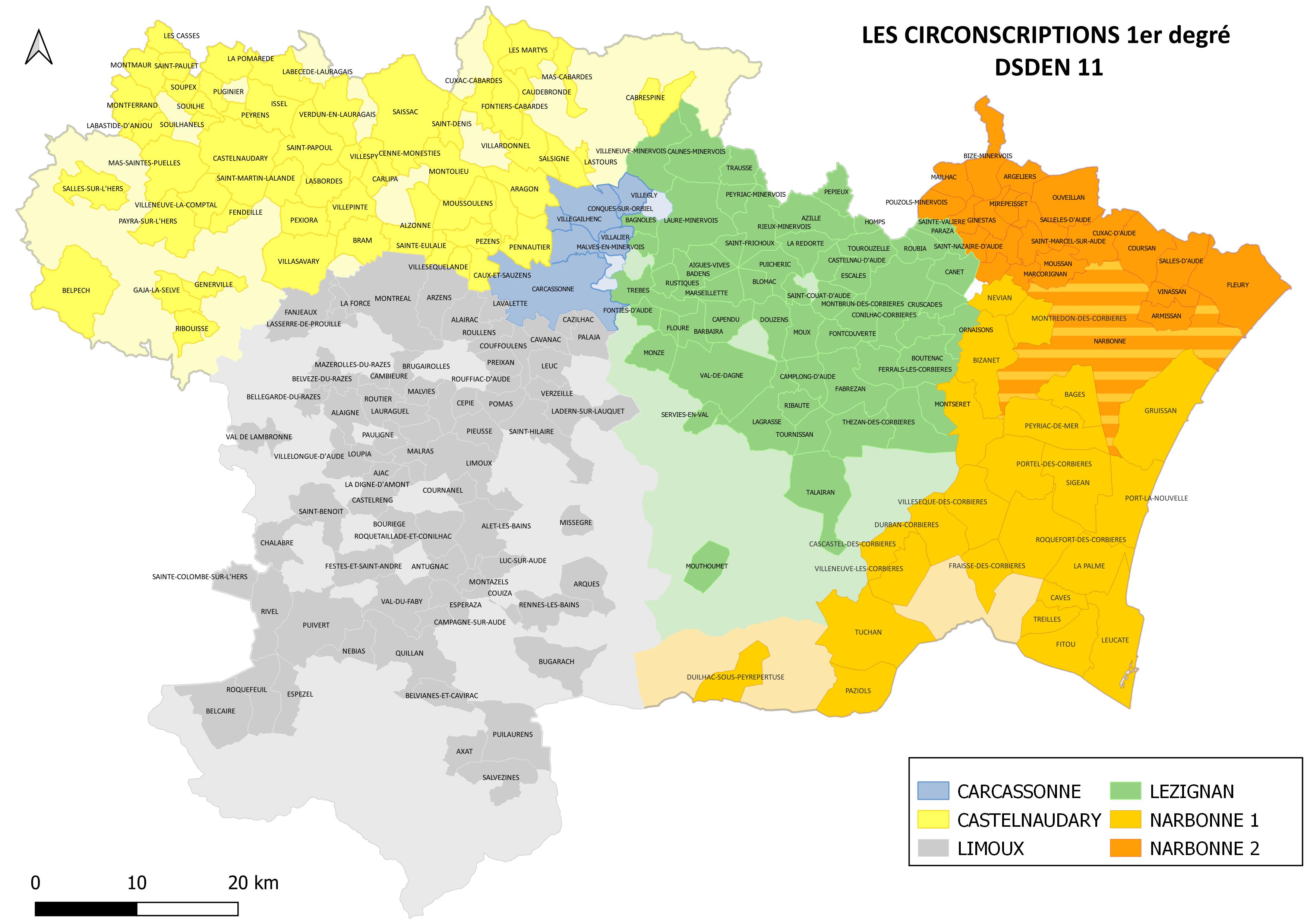 Carte des circonscriptions 1er degré - DSDEN 11 datée du 09/07/2024